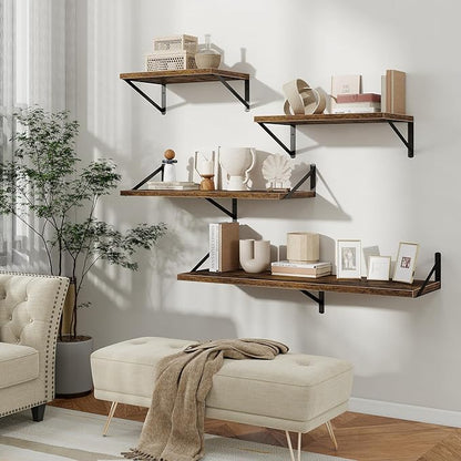 Floating Shelves, 12 Inch Deep Rustic Wood Wall Storage, 48W x 12D Wall Shelves Set of 2, Heavy Duty Metal Brackets, Large Industrial Book Shelf for Living Room, Kitchen, Bedroom, Brown