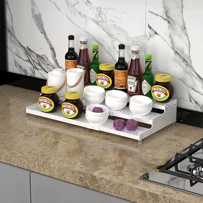 Spice Rack Organizer for Cabinet, 3 Tier Expandable shelf, Great for Kitchen Cabinets, Cupboard,Pantry and more,Metal plate with hole (1 Pack/White,9.45