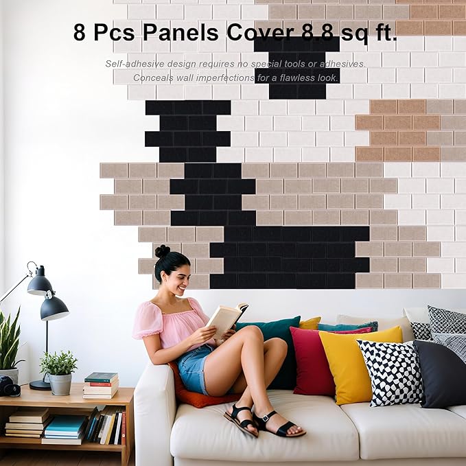 WoveN SounD Brick Acoustic Wall Panels Seamless Visual, High Density, Sound Proof Wall Decor, Noise Blocker Felt Wall Tiles for Home & Focus Zones (Black, Brown, Deep & Light Camel), 16x12x0.4 Inch