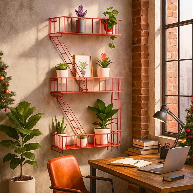 Fire Escape Wall Shelf – New York Decorative Floating Shelf – Wall Art Ladder Shelf – Red Metal Trinket Shelves for Bedroom, Home, Office, Storage and Display (3-Tier)