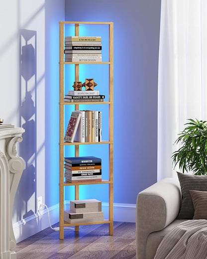 TUTOTAK Corner Shelf with LED Light, 6-Tier Corner Bookshelf for Small Space, Narrow Display Corner Shelf Stand with Storage Rack, for Living Room, Bedroom, Natural BS05BN006L