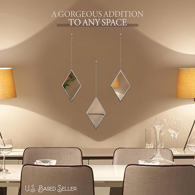 Accent Mirrors - Small Diamond Shape Decorative Mirror Wall Decor 3 Piece Set with Silver Chain
