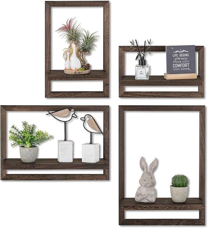 Wood Rustic Floating Shelves: 4-Piece Wall Shelf for Farmhouse Bedroom Decor - Handcrafted Easy Install Versatile Storage for Living Room