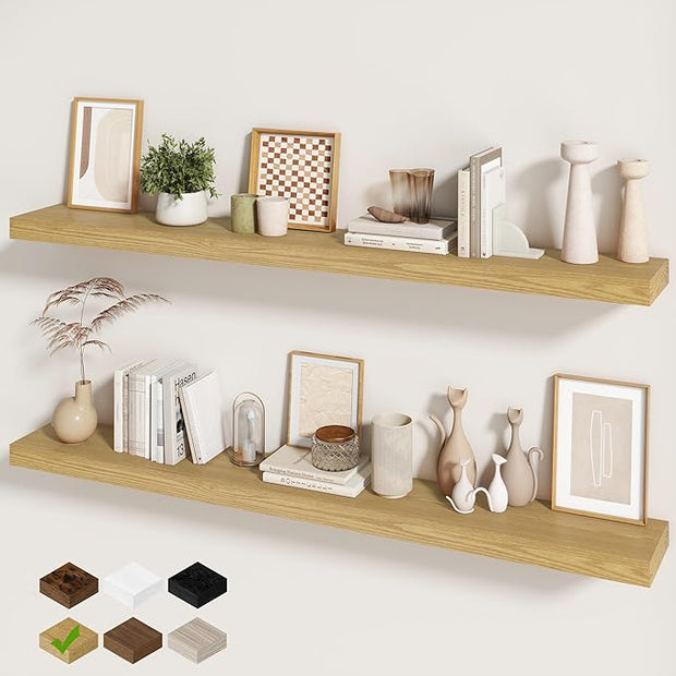 Fun Memories 60 Inch Fireplace Mantel - Long Floating Shelf, Wall Mounted Farmhouse Display with Invisible Heavy Duty Metal Bracket, Oak, 2 Pack