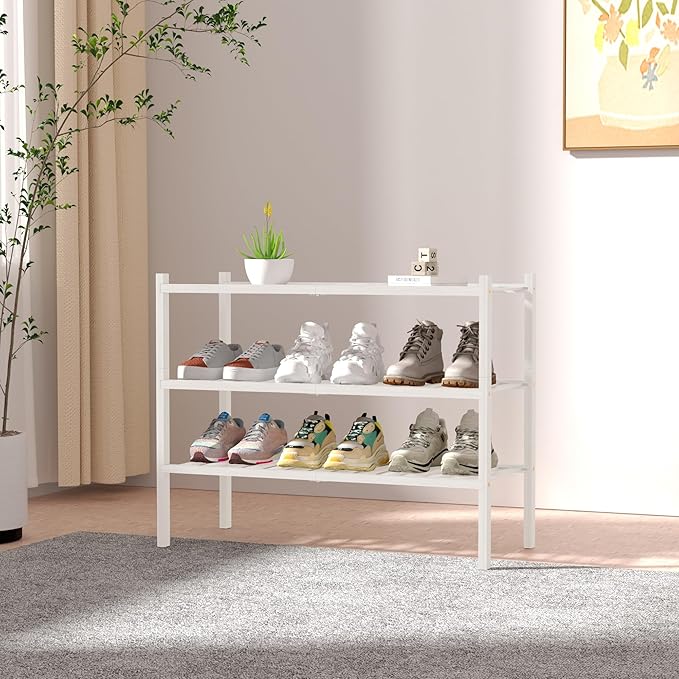 3 Tier Bamboo Shoe Rack for Closet Free Standing Wood Shoe Shelf Storage Organizer for Entryway Small Space Stackable 27