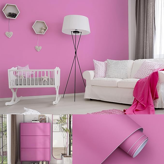 118''x15.7'' Pink Wallpaper Solid Color Pink Peel and Stick Pink Contact Paper for Cabinets Self-Adhesive Removable Girls Bedroom Kids Room Decor Vinyl Roll Matte, (MP25)