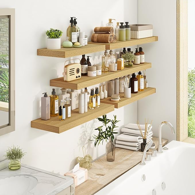 Fun Memories Floating Shelves 36 Inch Long, 9.3Inch Deep Floating Shelves for Wall, Extra Deeper & Thicker Wall Mounted Storage Shelf for Kitchen, Farmhouse, Oak, 2 Pack
