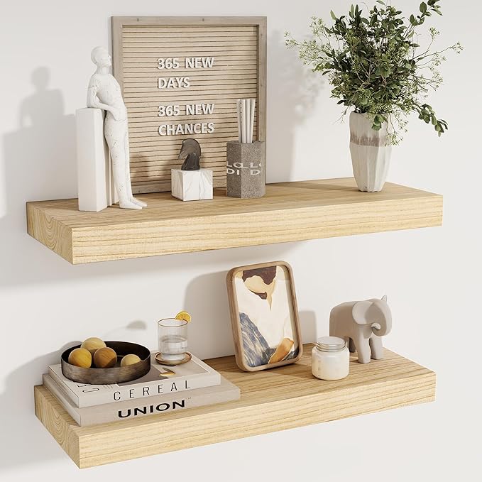 fuqing Floating Shelves for Wall - 24 Inch Wood Wall Shelves Set of 2-24 Inch Wide x 9.3 Inch Deep Natural Floating Wood Shelves with Upgraded Metal Brackets for Room