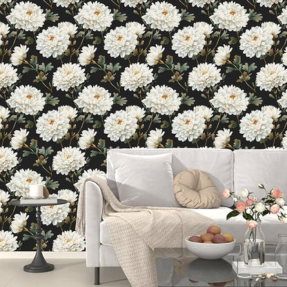 Black White Floral Peel and Stick Wallpaper Chrysanthemum Contact Paper 17.5" × 118" Waterproof Vinyl Self Adhesive Vintage Dark Flower Wall Paper for Bedroom Walls Cabinet Locker Decor