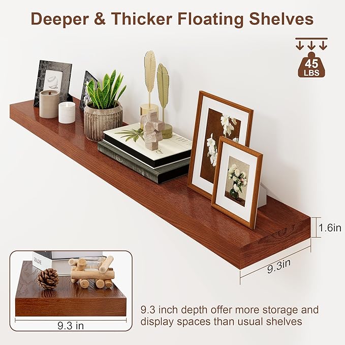 RICHFOCUS Floating Shelves for Wall | 48W x 9.3D Rustic Floating Shelves with Solid Ash Wood Veneer Set of 1 | Wood Wall Shelves with Upgraded Brackets | for Living Room Bathroom Home Office
