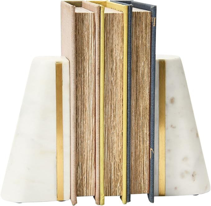Main + Mesa Geometric Marble Bookends with Brass Inlay, White