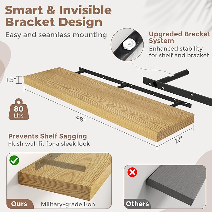 48 Inch Long Floating Shelves for Wall Set of 2, 12