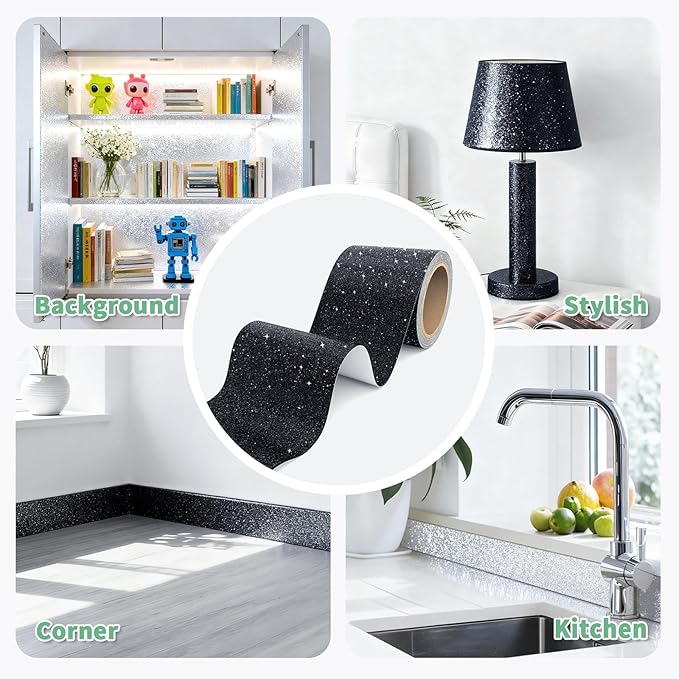 Peel and Stick Wallpaper Borders 390” x 4” Self Adhesive Mirror Frame Border Glitter DIY for Kitchen Bathroom Mirror Removal Border Sticker Wall Decor Cover 10.8 Sq.Ft, Black Glitter