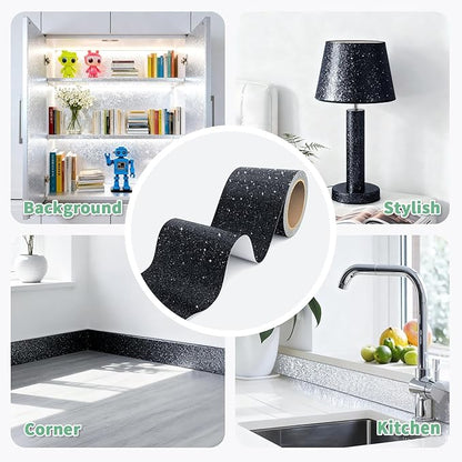 Peel and Stick Wallpaper Borders 390” x 4” Self Adhesive Mirror Frame Border Glitter DIY for Kitchen Bathroom Mirror Removal Border Sticker Wall Decor Cover 10.8 Sq.Ft, Black Glitter