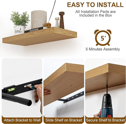 Fun Memories Floating Shelves 55 Inch Long, 8 Deep Floating Shelves for Wall, Large 55 x 8 Display Shelves for Living Room, Kitchen, Wood Deep Wall Shelves for Home Storage, Oak Color, 1 Pack