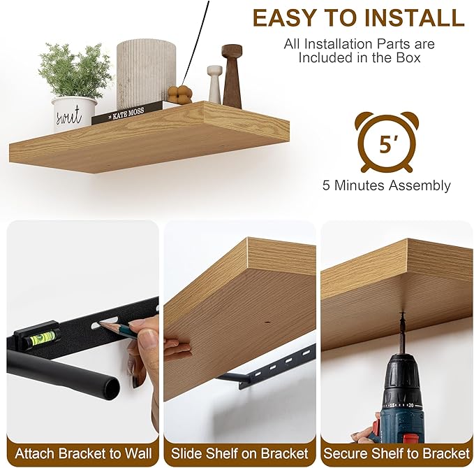 Fun Memories Floating Shelves 55 Inch Long, 8 Deep Floating Shelves for Wall, Large 55 x 8 Display Shelves for Living Room, Kitchen, Wood Deep Wall Shelves for Home Storage, Oak Color, 1 Pack