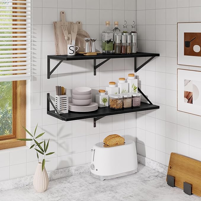 Floating Shelf for Wall,32" WX10 D Wood Floating Shelves with Sturdy Metal Bracket Set of 2,Wall Mounted Hanging Shelf for Bathroom,Bedroom,Kitchen,Black