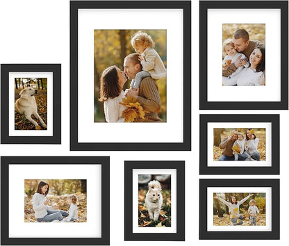 FrameWorks 7-pc Set Collage Wall Wooden Picture Frames Tempered Glass/Black / 1-11"x14", 2-8"x10", 4-5"x7"