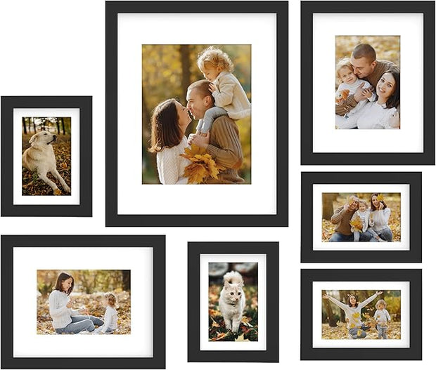 FrameWorks 7-pc Set Collage Wall Wooden Picture Frames Tempered Glass/Black / 1-11"x14", 2-8"x10", 4-5"x7"