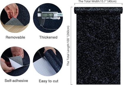 CHIHUT Black Blue Glitter Wallpaper Peel and Stick 15.7''x100'' Sparkle Glitter Contact Paper for Walls Self Adhesive Black Shiny Wallpaper Removable Fabric Wallpaper Decorative for Cabinets Crafts