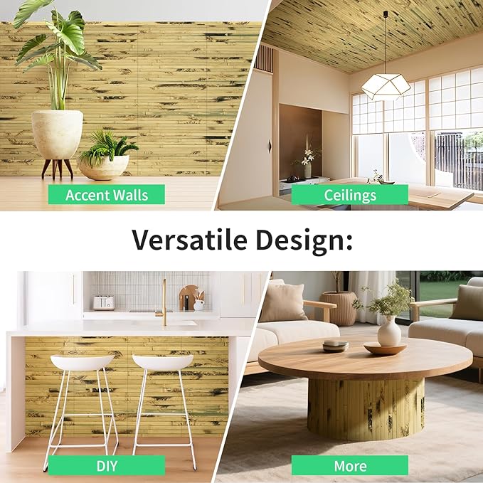 Natural Bamboo Wall Panel for Interior Wall Decor, Renewable Pole Wrap Wainscoting Paneling for Wall Ceiling Furniture Cabinet Office, 12 x 96 Inch, Light Burned