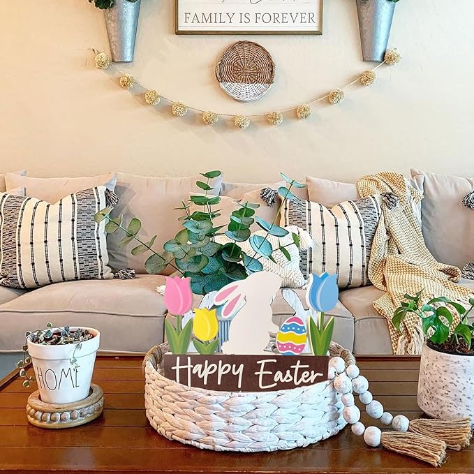 Wooden Bunny Easter Table Decorations Happy Easter Tulips Tiered Tray Decor Rustic Farmhouse Centerpiece Decor Decorative Mantle Tabletop Accent Home Office Wood Sign 6 Pcs Pink Yellow Blue White