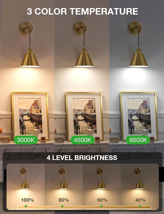 NIORSUN Brushed Gold Battery Operated Wall Sconce Set of 2, 5200mAh Dimmable Detachable Bulbs and Remote Wireless Rechargeable Wall Lights, 9 Colors Sconces Wall Decor for Bedroom Living Room Hallway