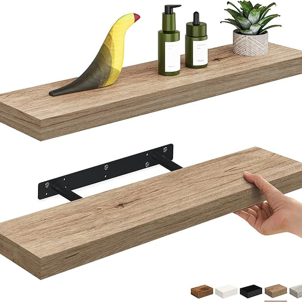 Ballucci Floating Shelves, 24" Wood Wall Shelf Set of 2, Invisible Brackets Floating Shelf Bathroom Wall Decor, Living Room, Bedroom, Kitchen, Nursery, 6" Deep, Natural Oak