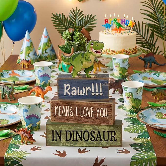 4 Pcs Dinosaur Table Decorations Wooden Dinosaur Decor Dino Safari Party Centerpieces for Table Jungle Animal Theme Baby Shower Tabletop Stand for Boys Girls Birthday Party Decorations