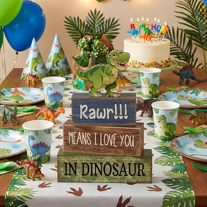4 Pcs Dinosaur Table Decorations Wooden Dinosaur Decor Dino Safari Party Centerpieces for Table Jungle Animal Theme Baby Shower Tabletop Stand for Boys Girls Birthday Party Decorations