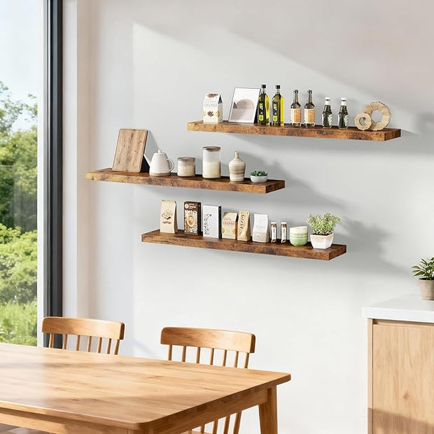 Merapi Set of 3 Floating Shelves 36 Inch Wall Mounted Solid Wood Shelves for Bathroom Kitchen Living Room Bedroom & Office - Brown Natural Wood Texture Easy Installation