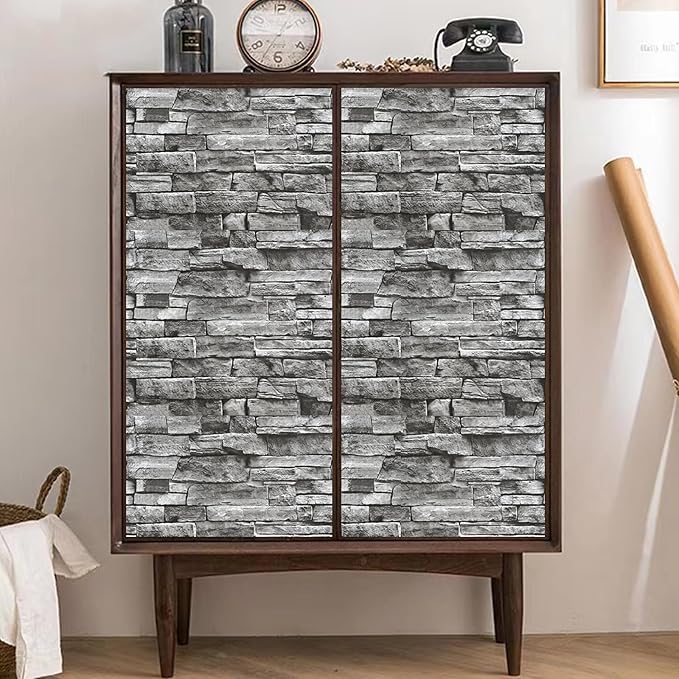 Yancorp 32.8ft Peel and Stick White Grey Wallpaper Stone Brick Wallpaper Self-Adhesive Backsplash Decorative Wallpaper Wall Covering…