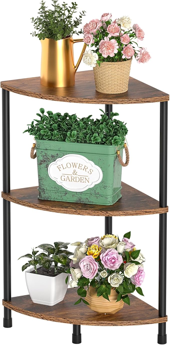 Corner Plant Stand Shelf, 3 Tier Small Shelf Plant Stand for Indoor Plants, Rustic Brown Corner Bookshelf Wall Decor Living Room, 23.2