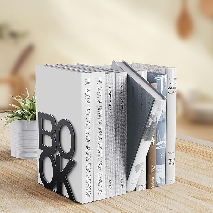 Book Ends - Decorative Metal Book Ends Supports for Bookrack Desk,Books, Unique Appearance Design,Heavy Duty (Black, 8 Pair)