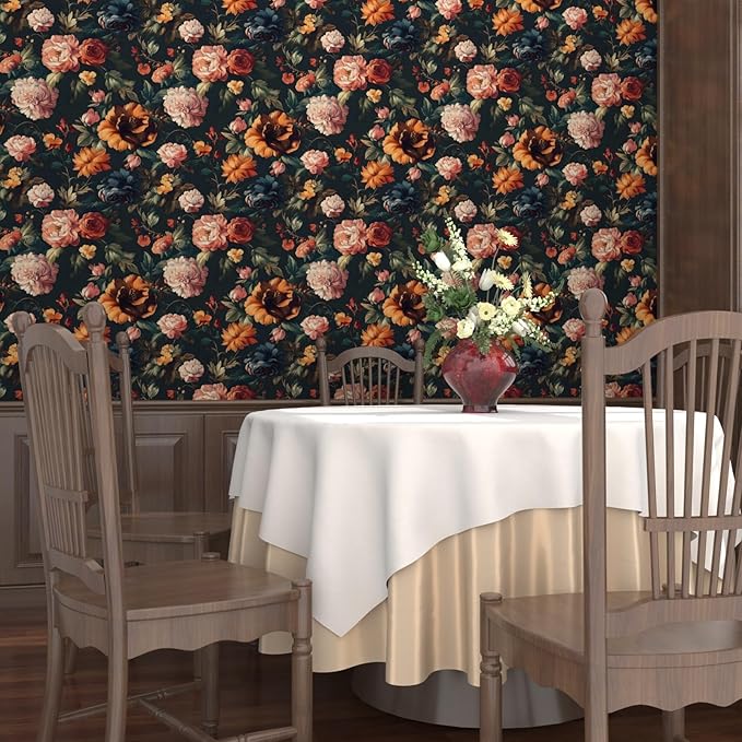 Colorful Floral Peel and Stick Wallpaper Gothic Dark Contact Paper Orange Flower Vintage Wall Mural for Bedroom Bathroom Vinyl Waterproof Self Adhesive Removable Renter Dorm Wall Paper 17.5