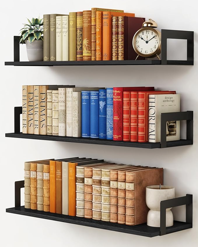 24 Inch Floating Shelves for Wall Set of 3, Wall Mounted Bookshelf, 8 Inches Deep Hanging Book Shelves for Living Room Bedroom Office Decor Closet Storage (Black)