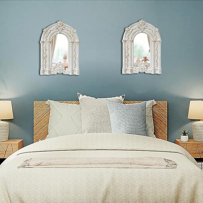 ZEXUIRU 2PCS Arched Window Wall Mirror,Rustic Farmhouse Accent Mirror, Wood Framed Entry Wall Decoration for Living Room,Bathroom,Bedroom,Kitchen,14.5x10.6 Inches