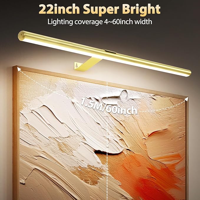 TINTINDOC 22'' Picture Light Gold for Painting with 3 Lighting,Rechargeable Wall Art Light for Painting Brightness Dimmable,Battery Display Accent Light for Picture Gallery Poster Frame Dartboard