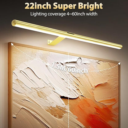 TINTINDOC 22'' Picture Light Gold for Painting with 3 Lighting,Rechargeable Wall Art Light for Painting Brightness Dimmable,Battery Display Accent Light for Picture Gallery Poster Frame Dartboard