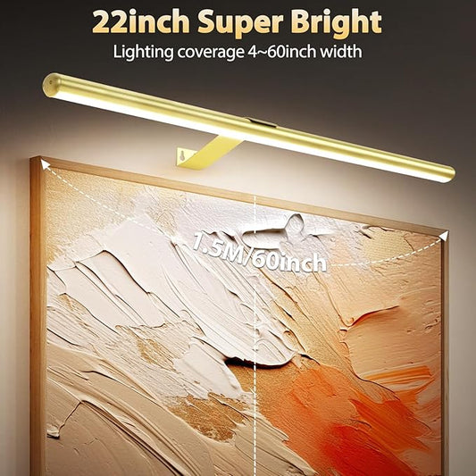 TINTINDOC 22'' Picture Light Gold for Painting with 3 Lighting,Rechargeable Wall Art Light for Painting Brightness Dimmable,Battery Display Accent Light for Picture Gallery Poster Frame Dartboard