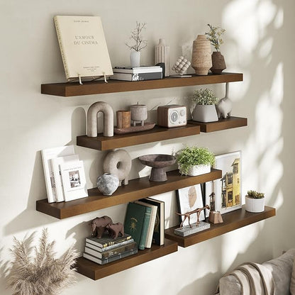Marsmiles Wood Floating Shelves | Rustic Dark Wood Wall Shelves Set of 2 | 16" W x 7.7" D x 1.6" H Dark Wooden Shelves for Bathroom Living Room Kitchen