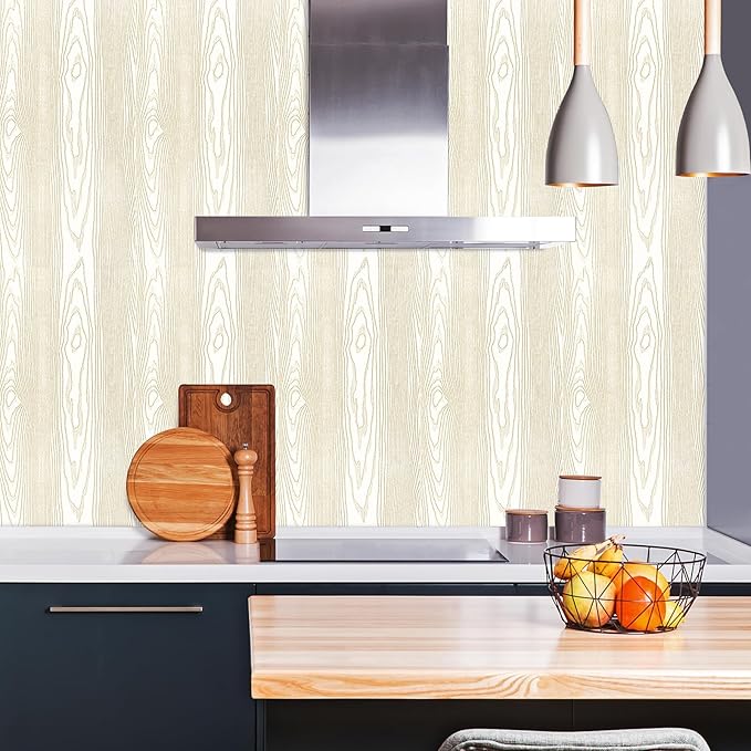 Yun-aeon Beige and Gold Wood Contact Paper 17.3"x80" Rustic Wooden Peel and Stick Wallpaper Removable Self-Adhesive Wallpaper Wood Grain Contact Paper for Countertops Cabinets