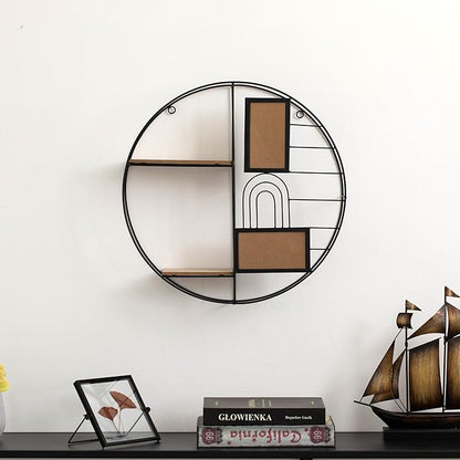 Vintiquewise 2-Tier Decorative Floating Circular Silhouette Wall Shelf with 2 Photo Frames - Circular Metal and Wood Wall-Mounted Shelf for Entryway, Bathroom, Bedroom, and Living Room Decor, Black