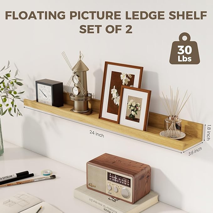 Axeman Picture Ledge Shelf | 24 Inch Floating Shelves Set of 2 | Oak Wall Shelves with Lip | Oak Picture Shelf for Wall with Ledge | Photo Ledges 24 Inch
