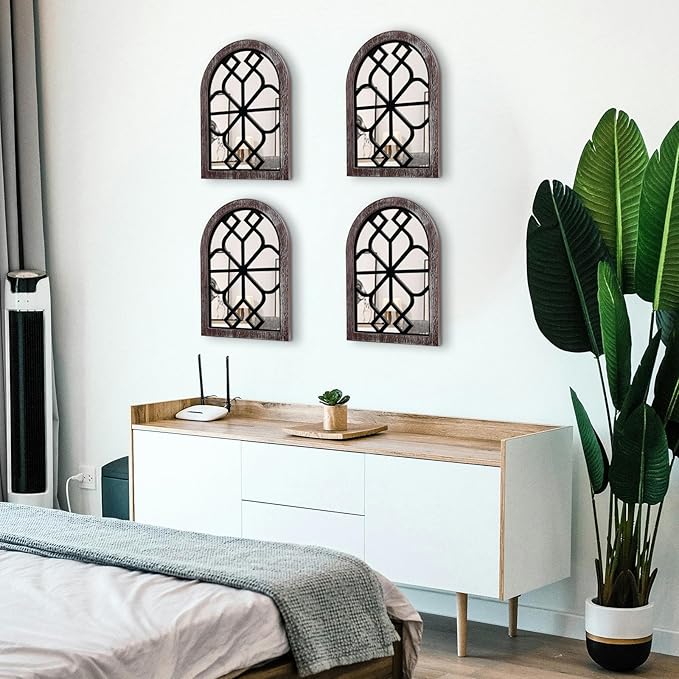 ZEXUIRU Set of 4 Arched Window Wall Mirror Rustic Farmhouse Accent Mirror Wood Framed Entry Wall Decoration for Living Room Bathroom Bedroom Kitchen