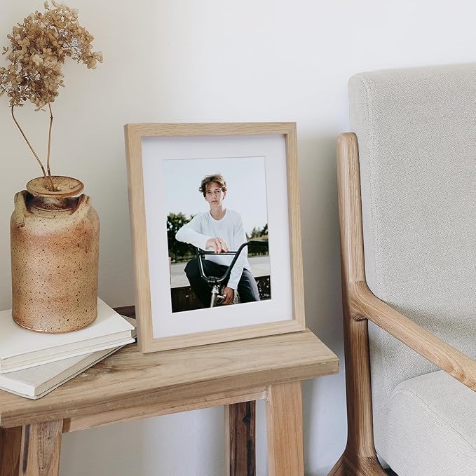 puthiac 8x10 Solid Oak Wood Picture Frame, Fits 6x8 with Mat or 8x10 Without Mat, Wall or Tabletop Display with Stand, Vertical or Horizontal, Plexi Front, 3 Pack, Natural Oak