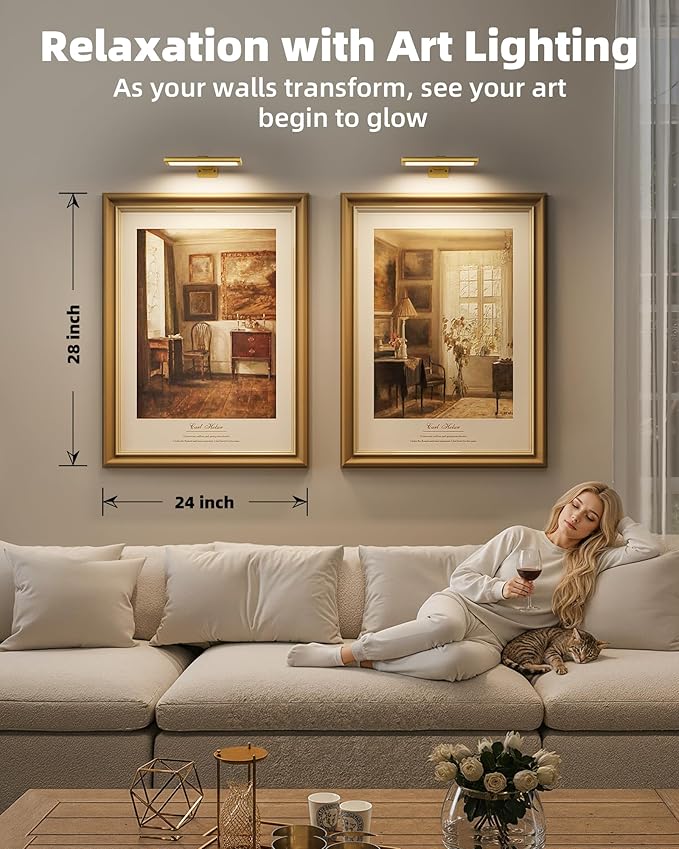 EZVALO Picture Light for Wall, Rechargeable 2400mAh Battery Lights Wireless Remote, 3 Color & Dimmable Magnetic 7.87'' LED Lights Display for Painting, Living Room, Gallery, Bedroom(Gold-2P)