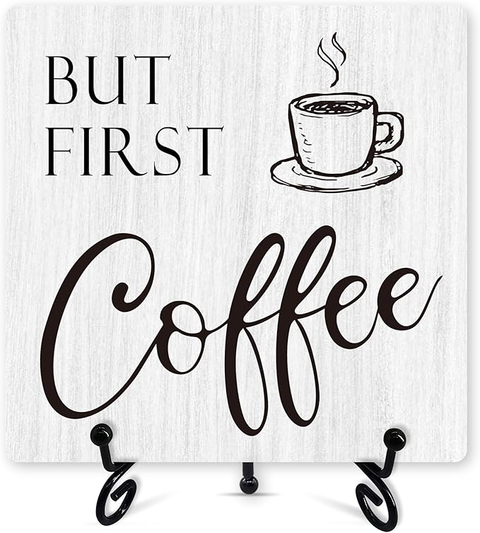 Coffee Sign Desk Decor, But First Coffee Sign With Iron Stand, Coffee Wood Plaque For Coffee Station Coffee Shop Home Kitchen Cafe Office, Farmhouse Coffee Bar Desk Shelf Decoration -02