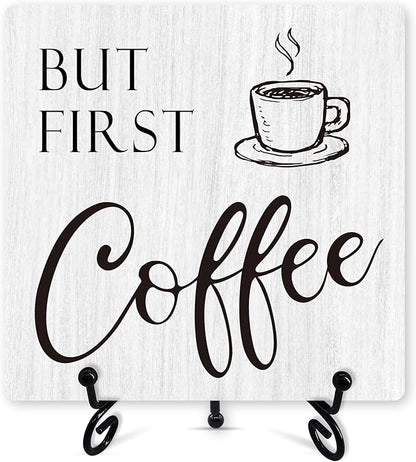 Coffee Sign Desk Decor, But First Coffee Sign With Iron Stand, Coffee Wood Plaque For Coffee Station Coffee Shop Home Kitchen Cafe Office, Farmhouse Coffee Bar Desk Shelf Decoration -02