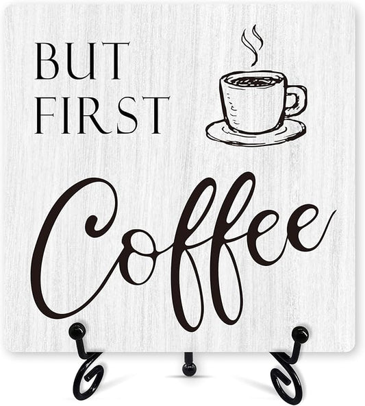 Coffee Sign Desk Decor, But First Coffee Sign With Iron Stand, Coffee Wood Plaque For Coffee Station Coffee Shop Home Kitchen Cafe Office, Farmhouse Coffee Bar Desk Shelf Decoration -02
